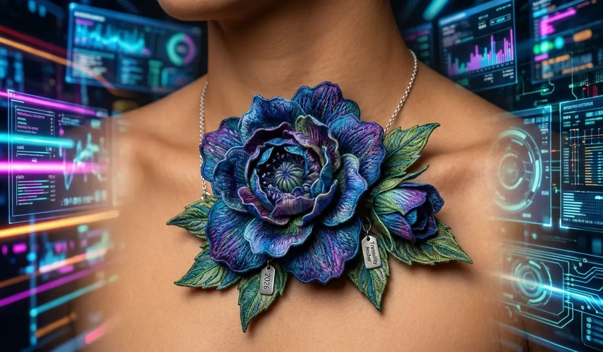 A close-up of a handcrafted silk flower jewelry piece acting as a mindfulness anchor against a digital world background.