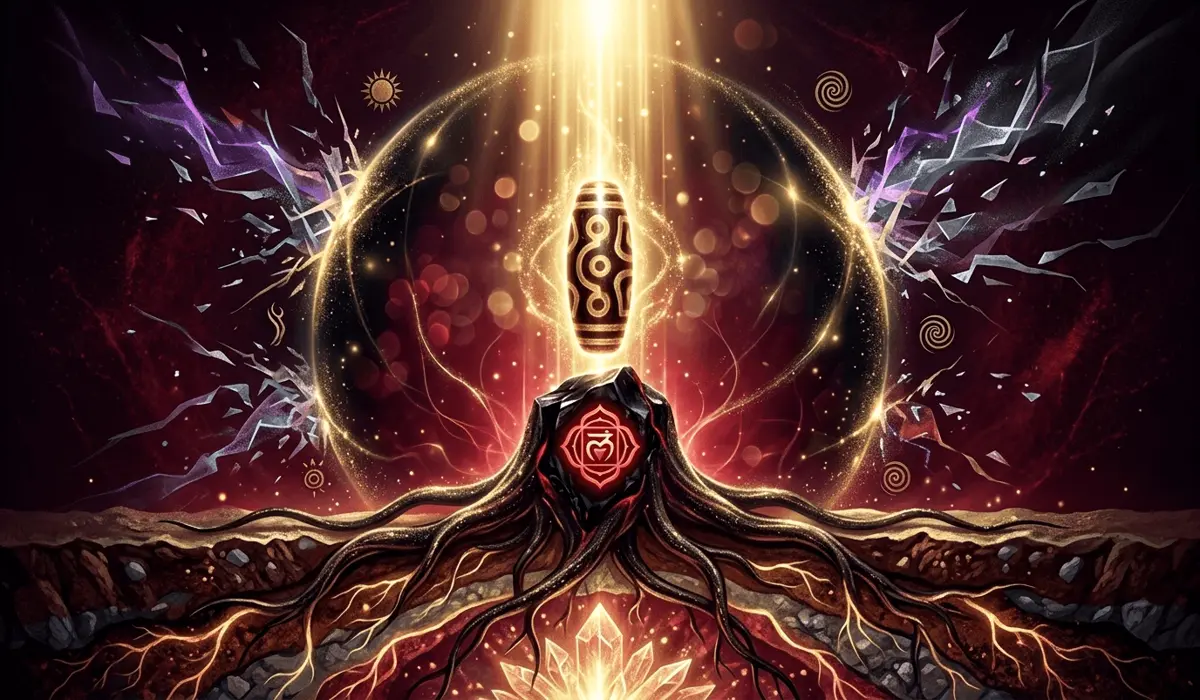 Conceptual spiritual illustration showing root chakra grounding and aura protection with a Dzi bead and obsidian.