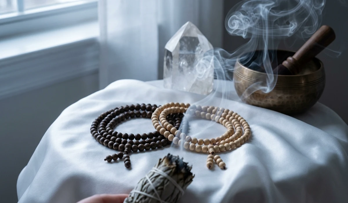 Sacred wood mala beads being cleansed with sage smoke and moonlight next to a clear quartz crystal.