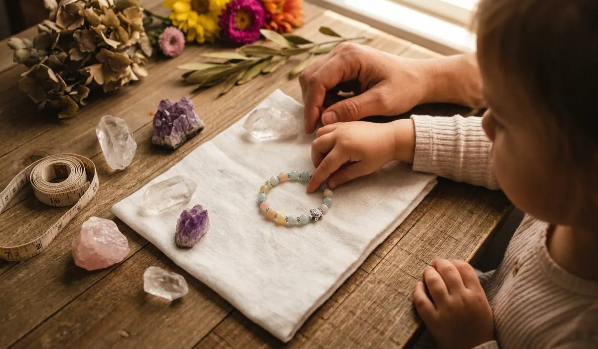 A parent and child setting a positive intention together with a small gemstone spiritual bracelet.