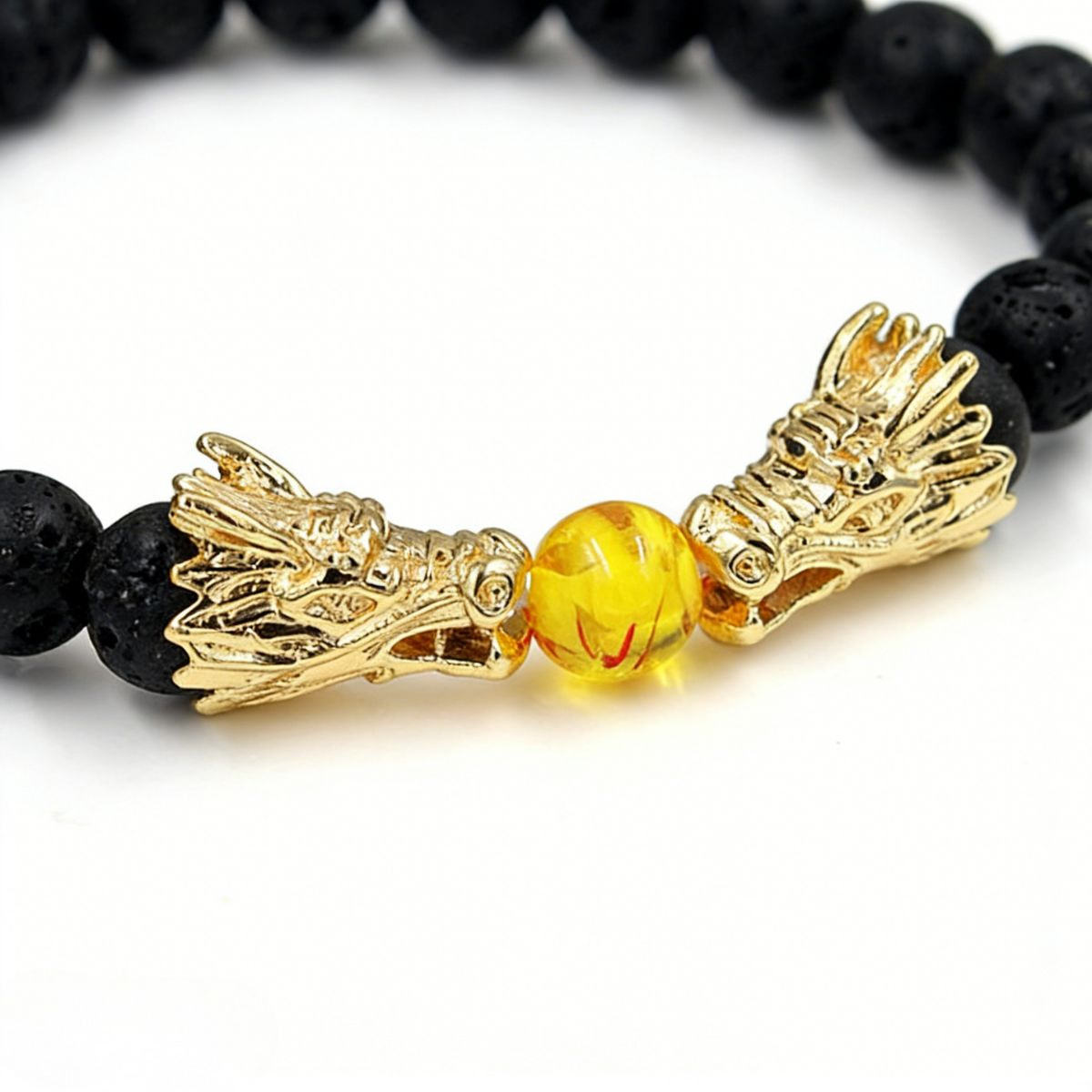Power-Attracting Double Dragon Head Lava Stone Amber Bracelet - The Beacon of Authority and Prosperity