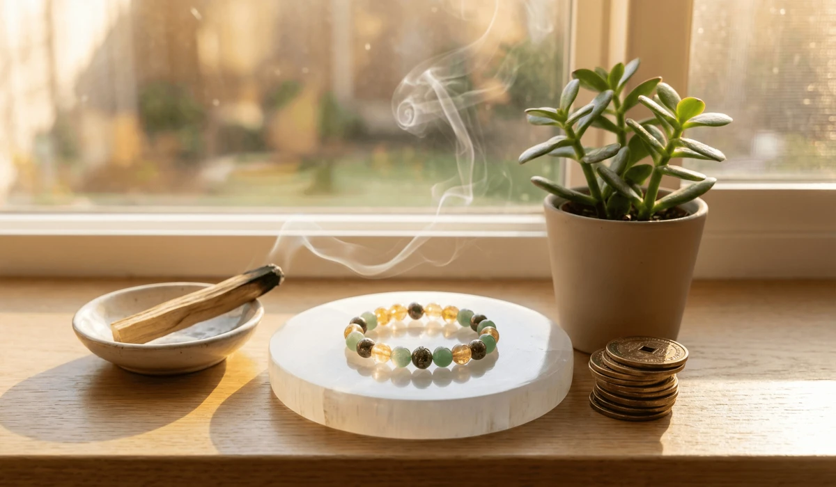 Cleansing a Feng Shui wealth bracelet with Palo Santo smoke and a Selenite plate to maintain its positive energy vibrations.