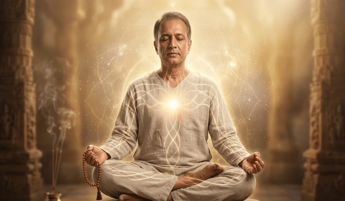 Conceptual illustration of the spiritual meaning of 108 red sandalwood beads and heart chakra energy.