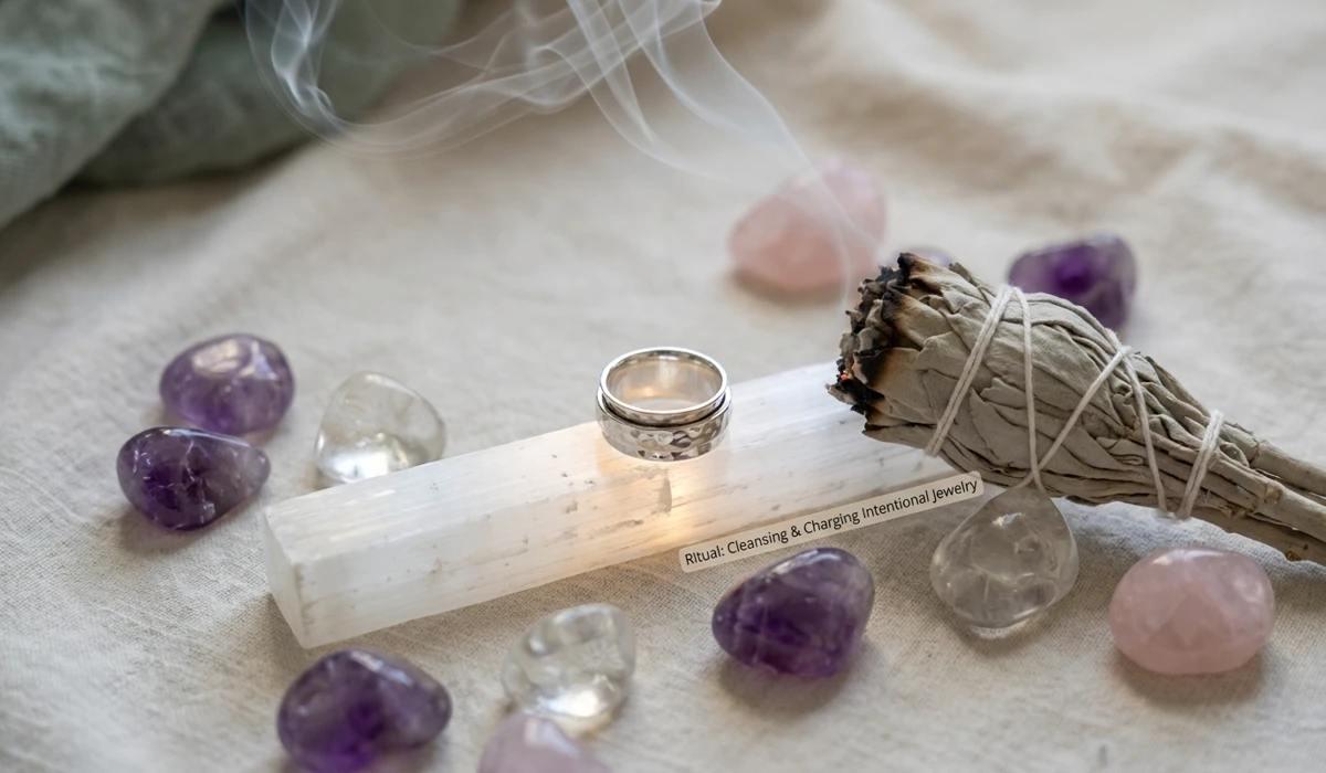A silver spinner ring being cleansed on a selenite plate with sage smoke for spiritual energy maintenance.