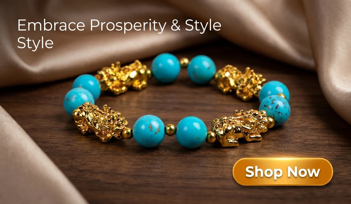 High-end blog illustration of the Wealth-Attracting 4 Pixiu Turquoise Bracelet for prosperity and abundance, featuring a Shop Now button and luxury jewelry styling.