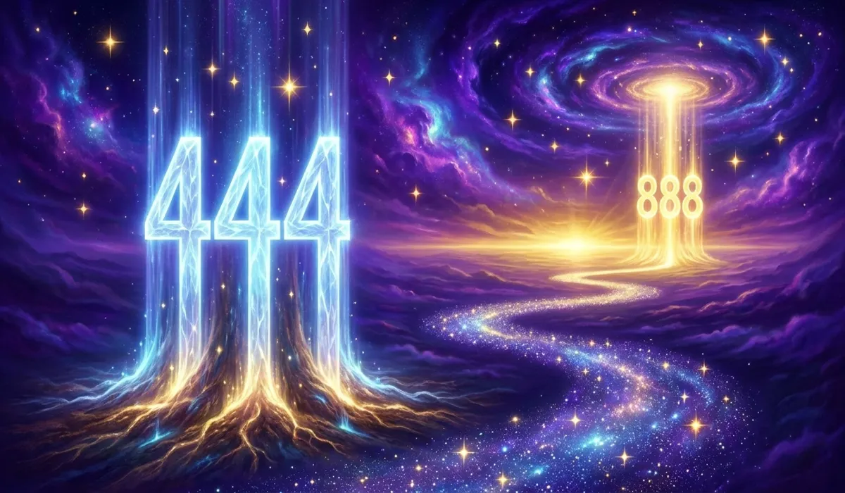 A spiritual path with 444 crystalline pillars symbolizing the foundation and stability required for divine timing and manifestation.