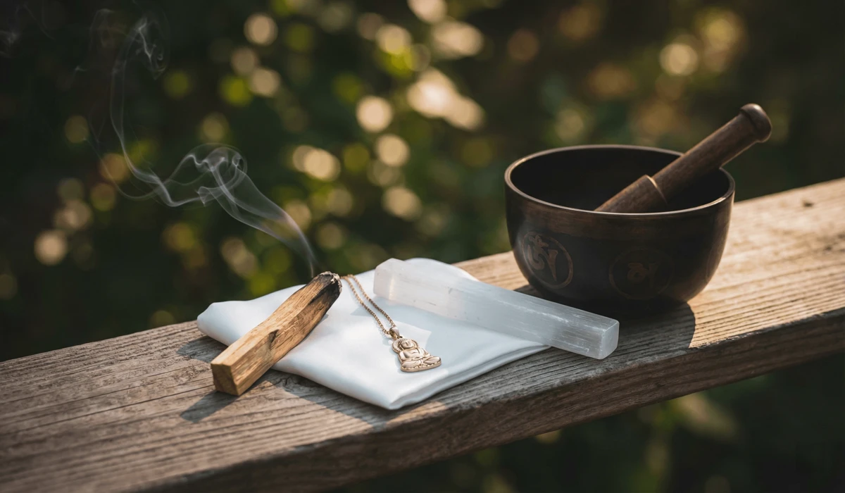Spiritual cleansing ritual for a Buddha necklace using Palo Santo, crystals, and a singing bowl.
