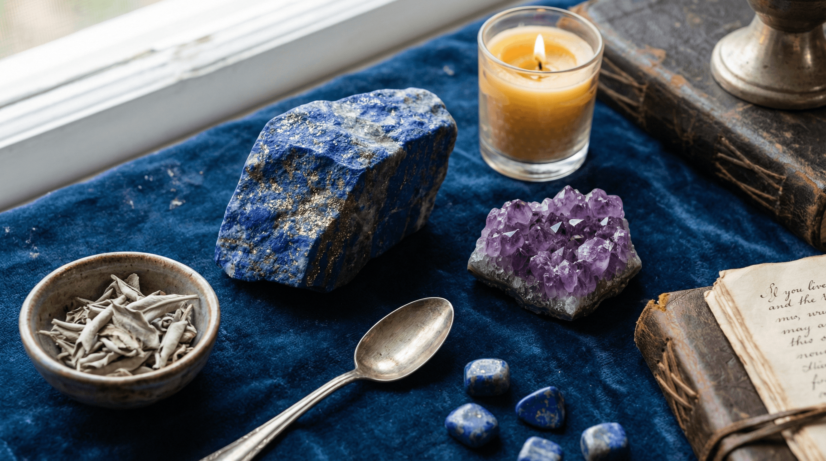 Comparison of Lapis Lazuli with gold pyrite inclusions and a purple Amethyst crystal cluster on a ritual altar.
