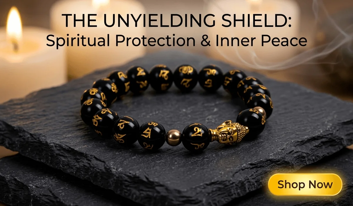Obsidian Buddha Protection Bracelet - The Unyielding Shield featuring black beads with gold mantras and a Buddha charm for spiritual protection and mindfulness.