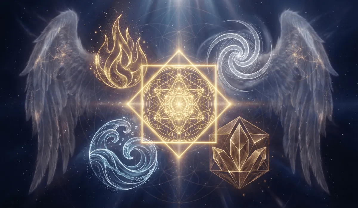 Sacred geometry representation of the number 4 and the Tetrad with elemental symbols and archangelic wings representing divine foundation.