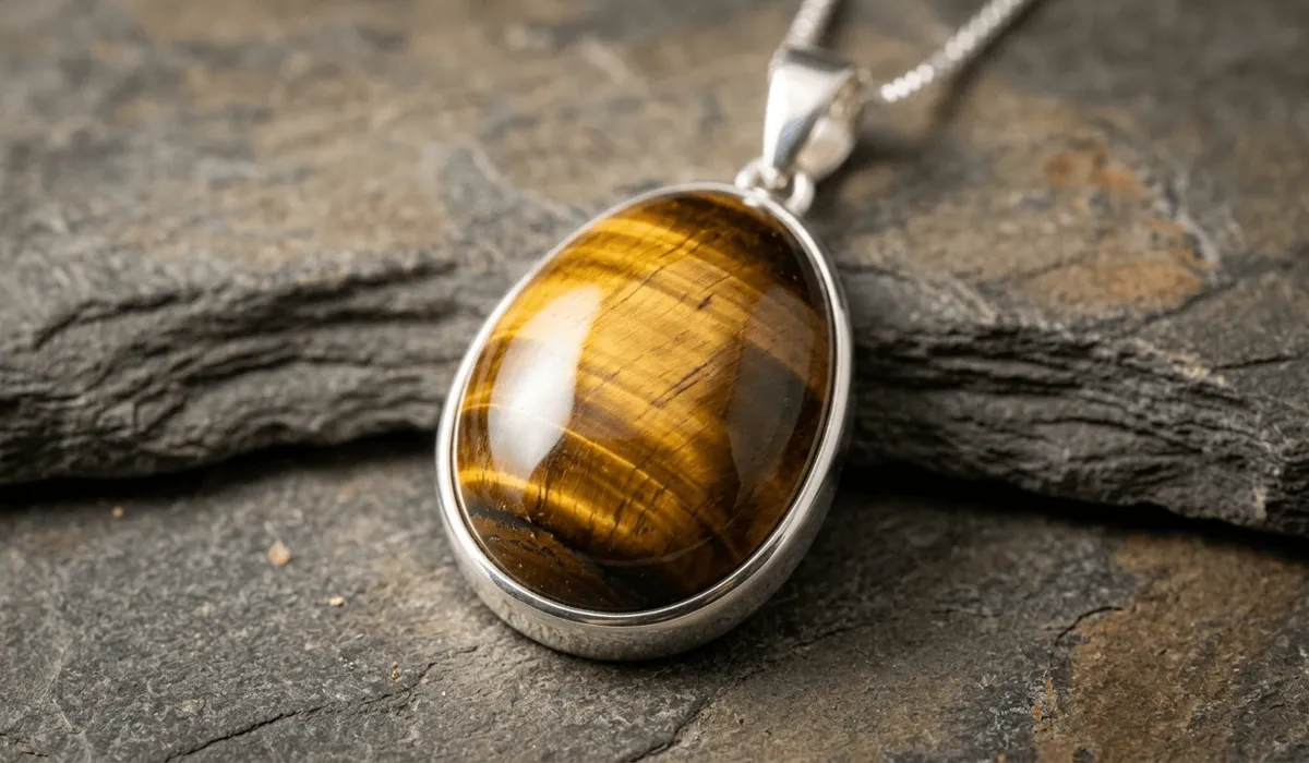 A detailed macro view of a polished Tiger's Eye pendant showing golden chatoyant bands and silky luster.
