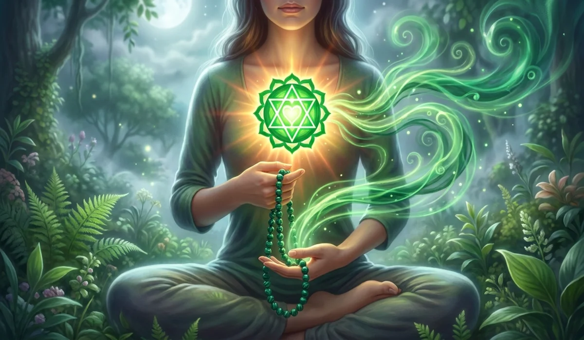 Illustration of Malachite mala beads activating the Heart Chakra during meditation for emotional transformation.