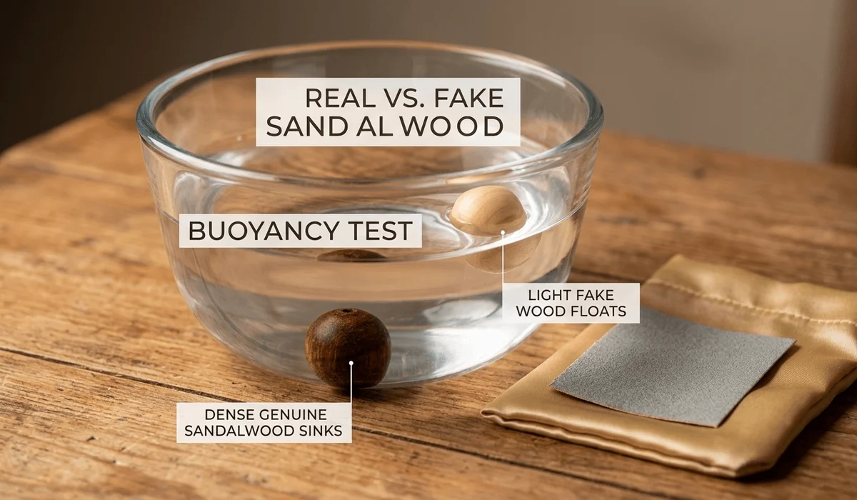 Sandalwood buoyancy test showing real heartwood sinking in water compared to fake wood.