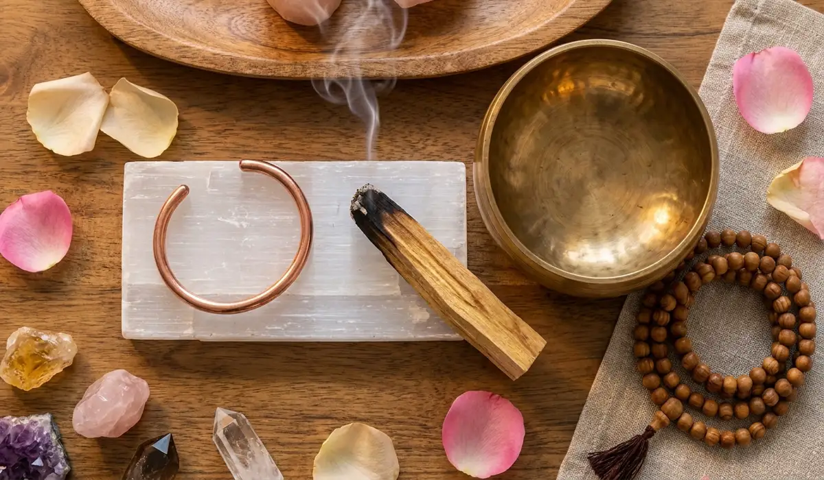 Spiritual cleansing ritual for a Tibetan copper bracelet featuring Palo Santo, selenite, and a singing bowl.
