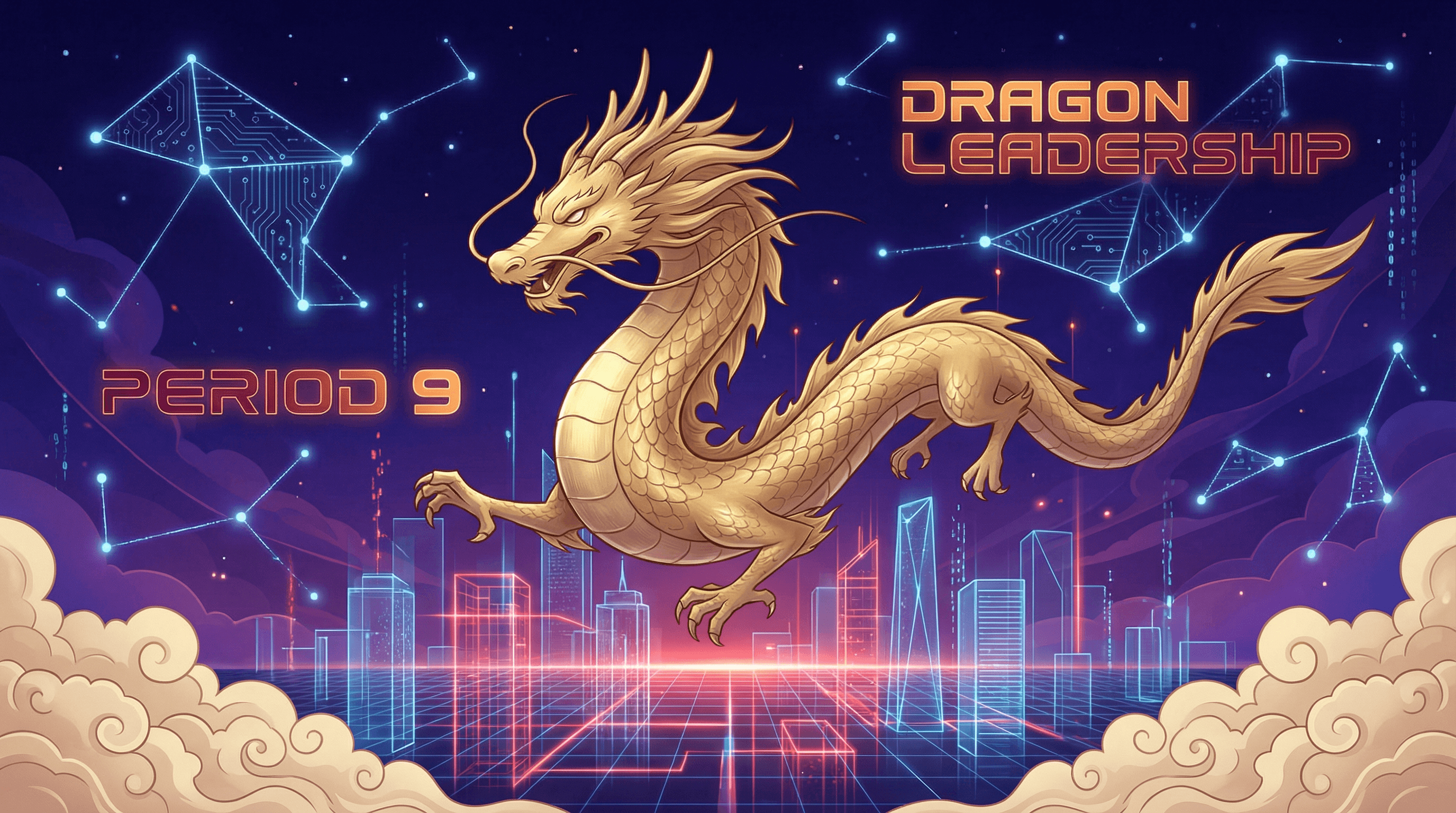 A noble Chinese Dragon with golden scales soaring through a digital sky representing leadership and authority in Period 9.