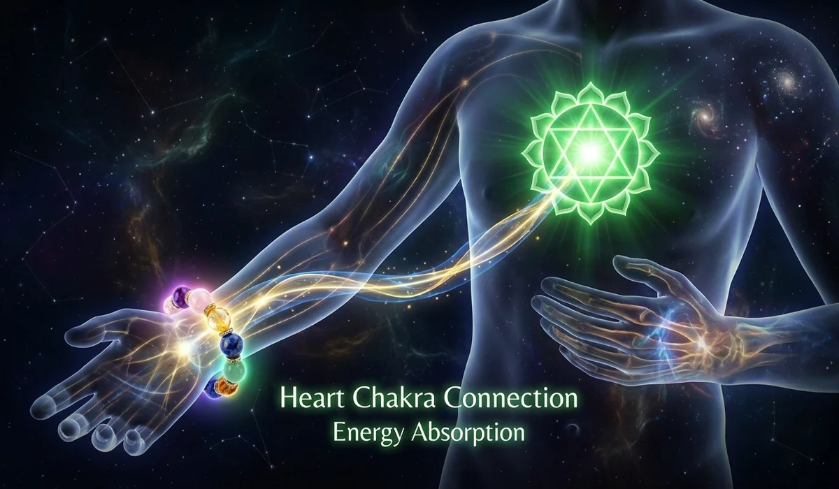 Conceptual illustration showing the energy path from a left-wrist bracelet to the Heart Chakra.