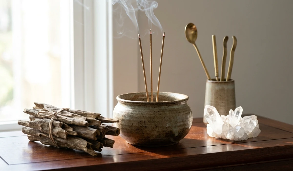 Taoist cleansing tools including a ceramic incense burner, natural agarwood, and clear quartz crystals on a wooden altar.