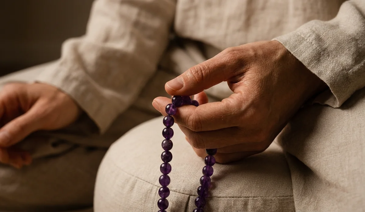 A person practicing Japa meditation using Amethyst prayer beads to count mantra repetitions.
