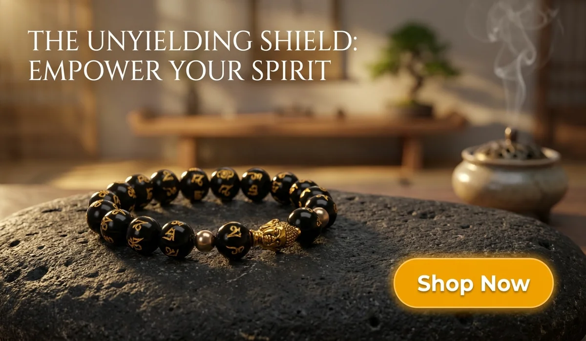 Obsidian Buddha Protection Bracelet with gold mantra beads and Buddha head on a Zen stone background, spiritual jewelry for protection and mindfulness.