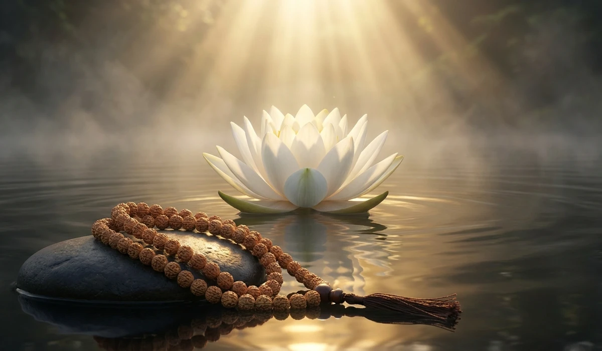 A blooming lotus flower and mala beads symbolizing spiritual awakening and the meaning of lotus seed symbolism in meditation.