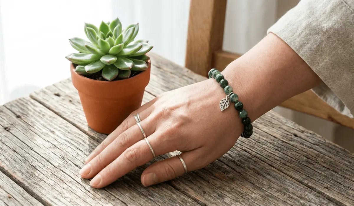 A Moss Agate bead bracelet worn on the wrist as a talisman for new beginnings and professional manifestation.