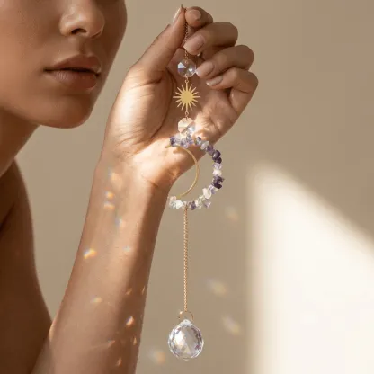 Colorful Fluorite Crystal Moon Sun Catcher – Wisdom, Clarity & Positive Energy