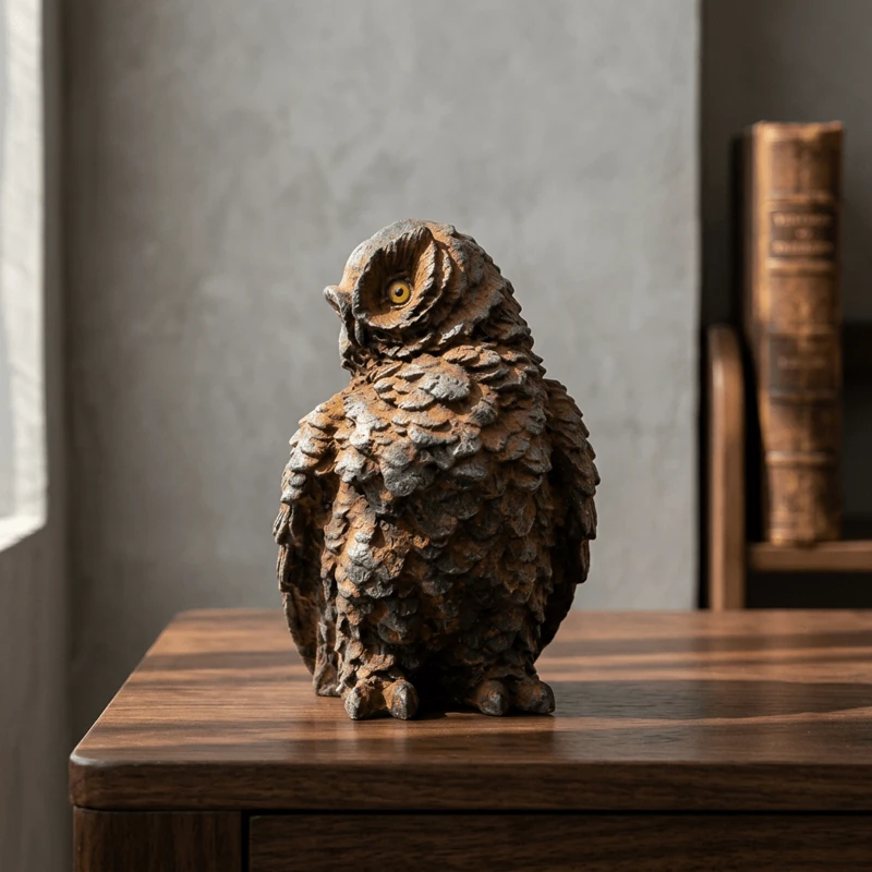 Natural Rust Iron & Resin Owl Figurine for Timeless Wisdom & Scholarly Elegance