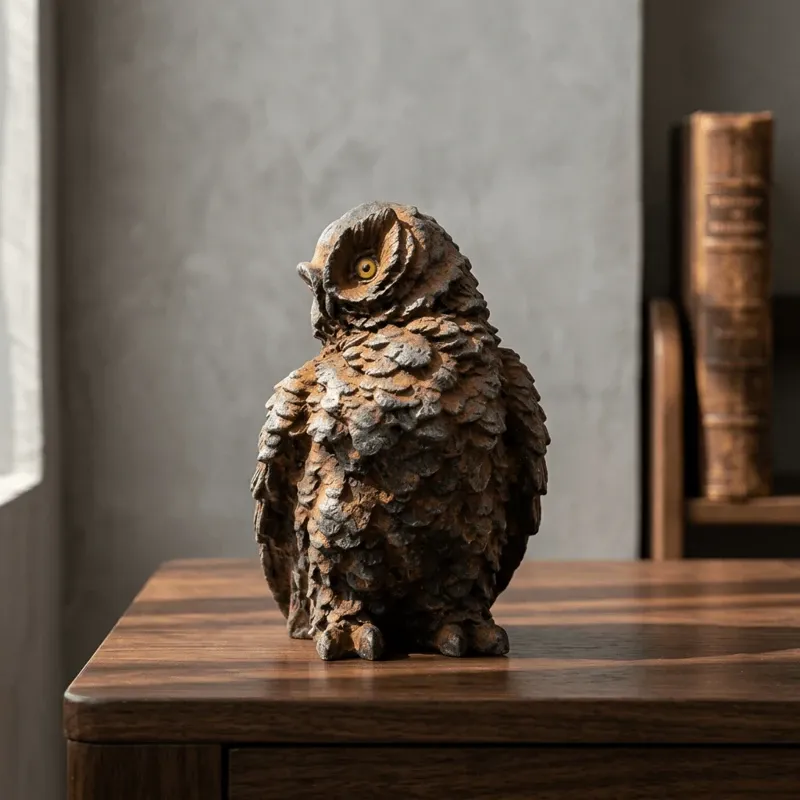 Natural Rust Iron & Resin Owl Figurine for Timeless Wisdom & Scholarly Elegance