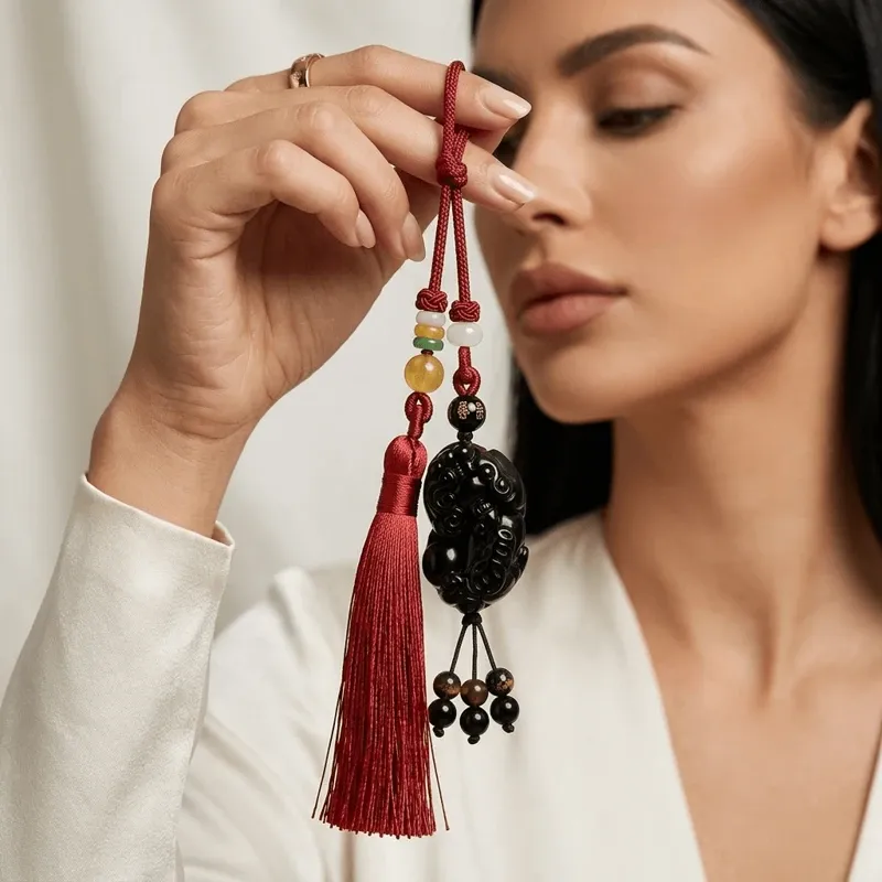 Red Tassel Obsidian Pixiu Car Hanging Ornament – Protection, Prosperity & Peace