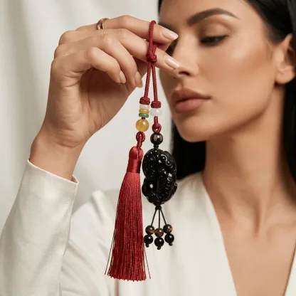 Red Tassel Obsidian Pixiu Car Hanging Ornament – Protection, Prosperity & Peace