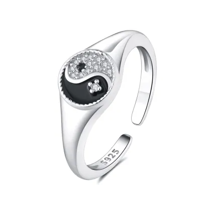 Yin Yang 925 Sterling Silver Adjustable Ring for Inner Harmony & Protection