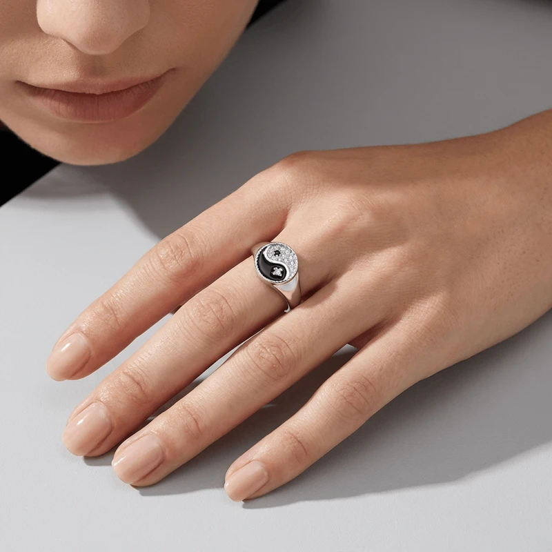 Yin Yang 925 Sterling Silver Adjustable Ring for Inner Harmony & Protection