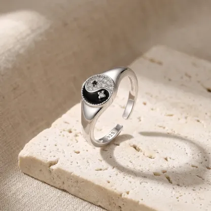 Yin Yang 925 Sterling Silver Adjustable Ring for Inner Harmony & Protection