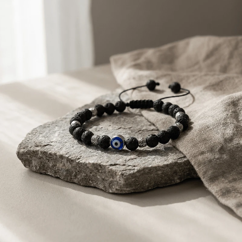 Volcanic Stone Evil Eye Beaded Bracelet – Protection, Stress Relief & Emotional Balance