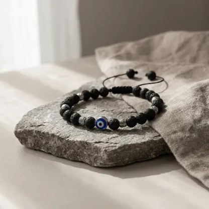 Volcanic Stone Evil Eye Beaded Bracelet – Protection, Stress Relief & Emotional Balance