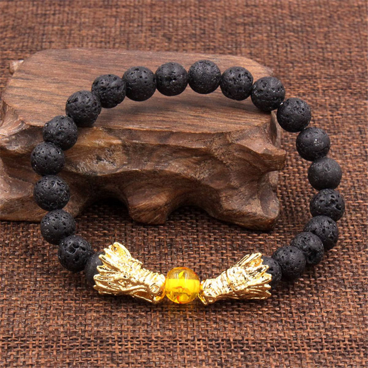 Power-Attracting Double Dragon Head Lava Stone Amber Bracelet - The Beacon of Authority and Prosperity