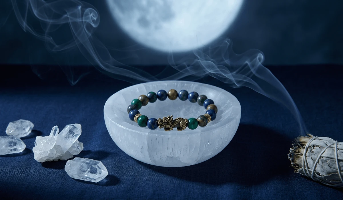 Cleansing and charging a Feng Shui dragon bracelet on a selenite charging bowl with sage smoke under moonlight.