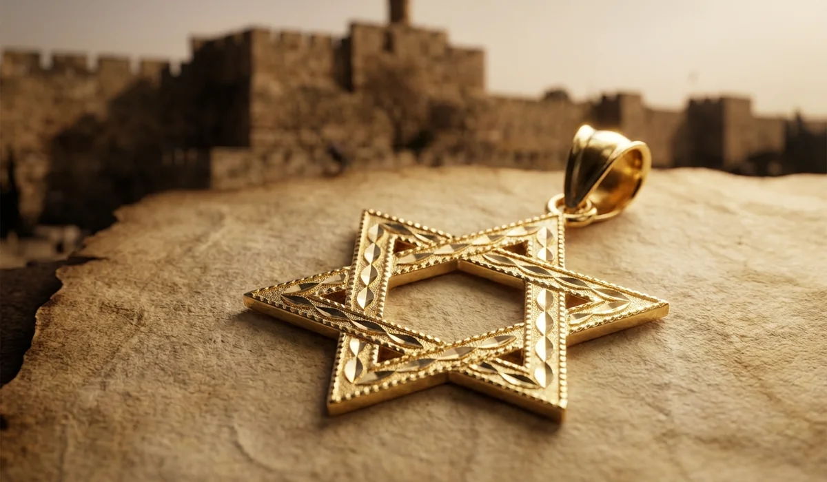 A 14K gold Star of David necklace resting on ancient parchment, symbolizing the historical Shield of David and Jewish cultural identity.