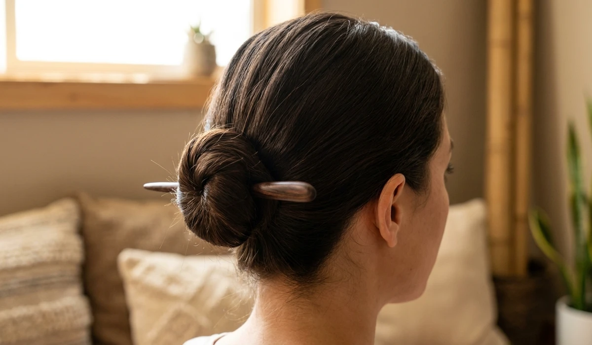 A secure meditation knot hairstyle using a wooden hair stick for seated stillness and distraction-free practice.
