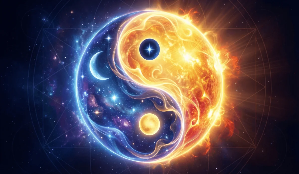 Artistic visualization of Yin and Yang energies showing the balance between moon/darkness and sun/light.