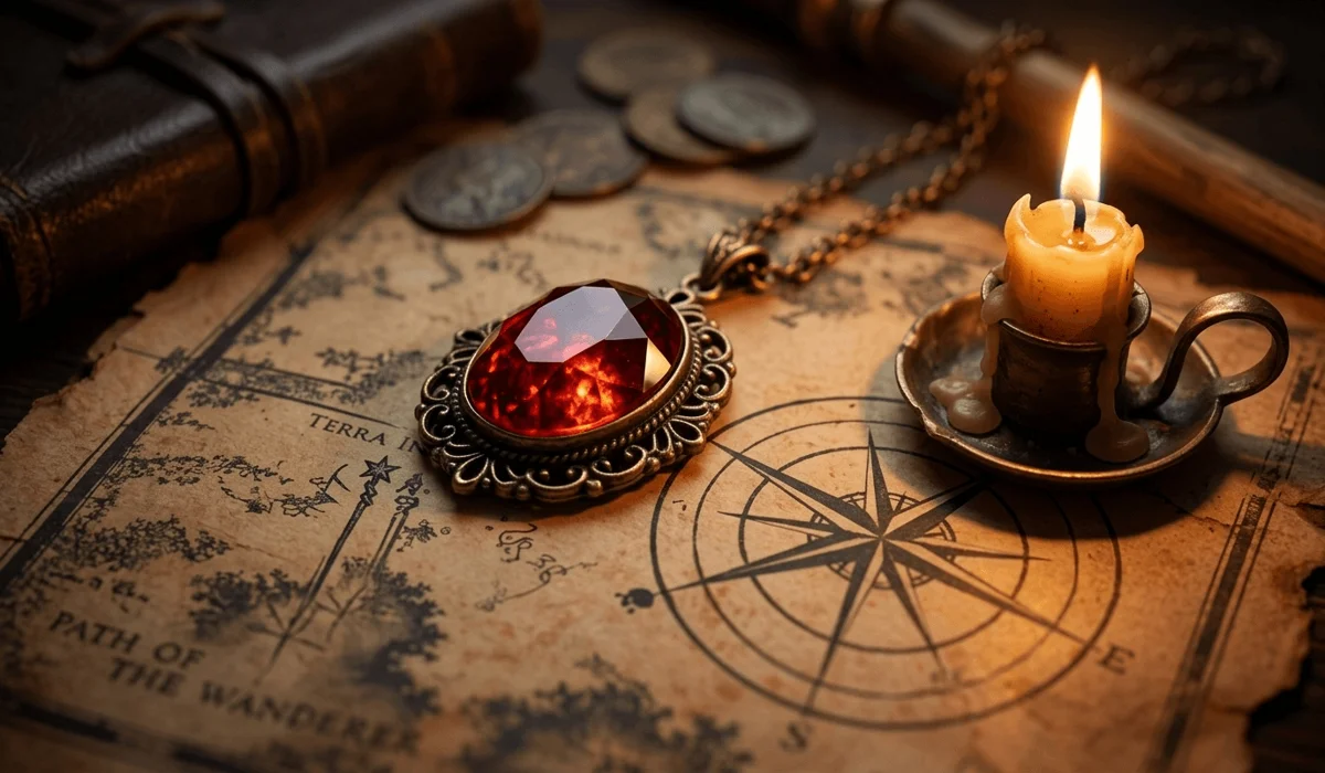 Vintage red garnet amulet on an ancient map symbolizing spiritual protection and the inner fire.