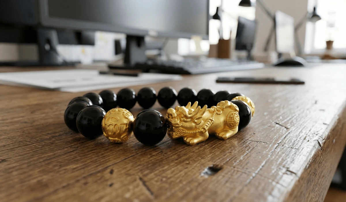 Close-up of a Black Obsidian Pixiu bracelet showing the correct orientation with the head facing outward to attract wealth.