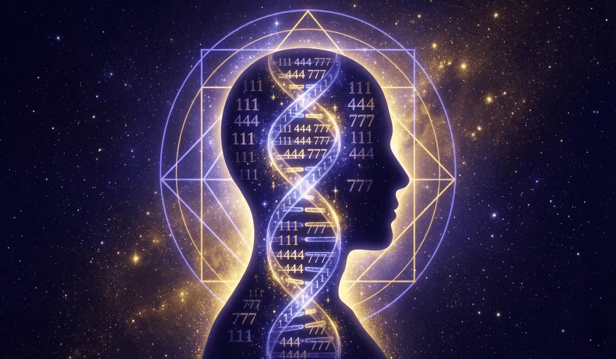 Digital art of a human silhouette with a DNA helix made of angel numbers symbolizing spiritual DNA activation and sacred geometry.