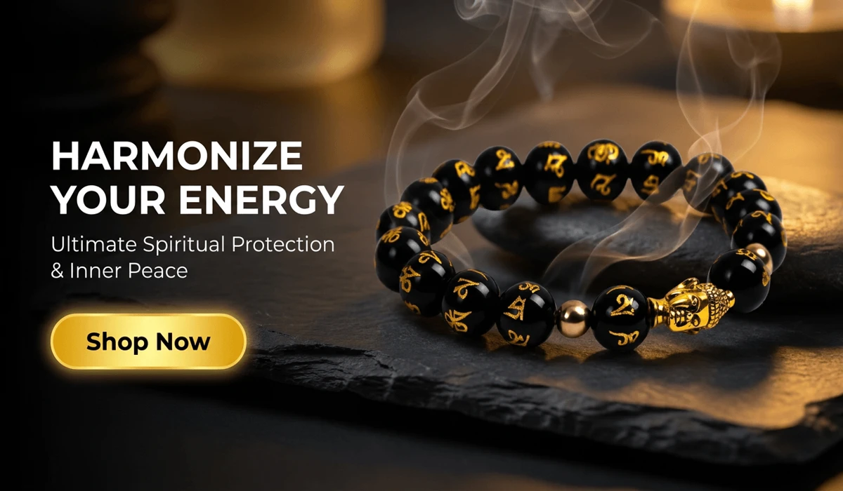 Obsidian Buddha Protection Bracelet with gold Sanskrit mantras displayed on a serene Zen dark stone background with a Shop Now button for blog