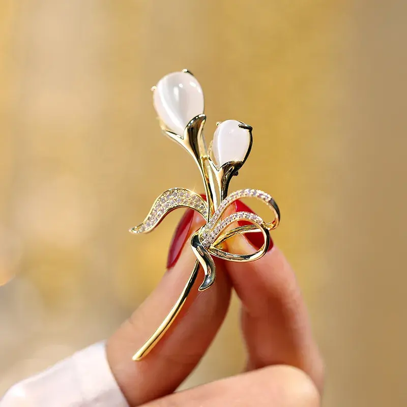 18K Gold Copper Zircon & Opal Tulip Brooch – Timeless Elegance & Sophisticated Charm