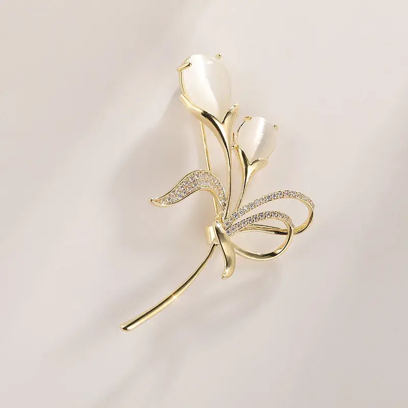 18K Gold Copper Zircon & Opal Tulip Brooch – Timeless Elegance & Sophisticated Charm