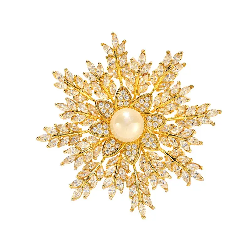 18K Gold White Freshwater Pearl Copper & Zircon Snowflake Brooch – Timeless Elegance & Sophisticated Charm
