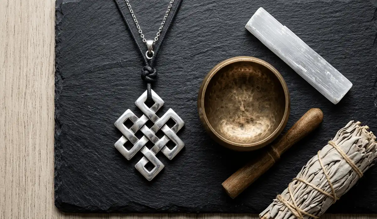 Spiritual flat lay display featuring a Tibetan endless knot necklace alongside a singing bowl and selenite crystal