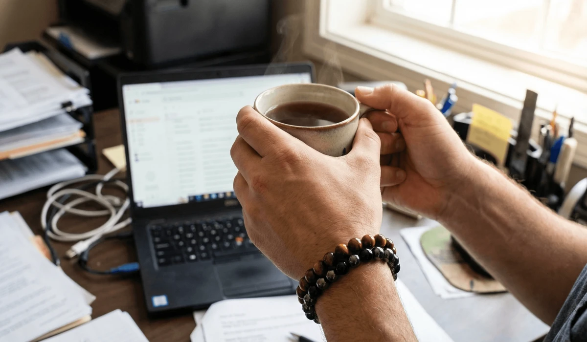 A person wearing a Triple Protection Bracelet in a modern office setting to maintain emotional stability and grounding.