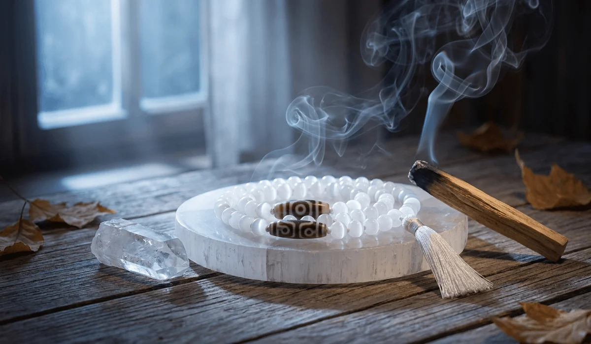 Cleansing ritual for a 108 mala necklace with a Dzi centerpiece resting on a selenite crystal dish with Palo Santo smoke.